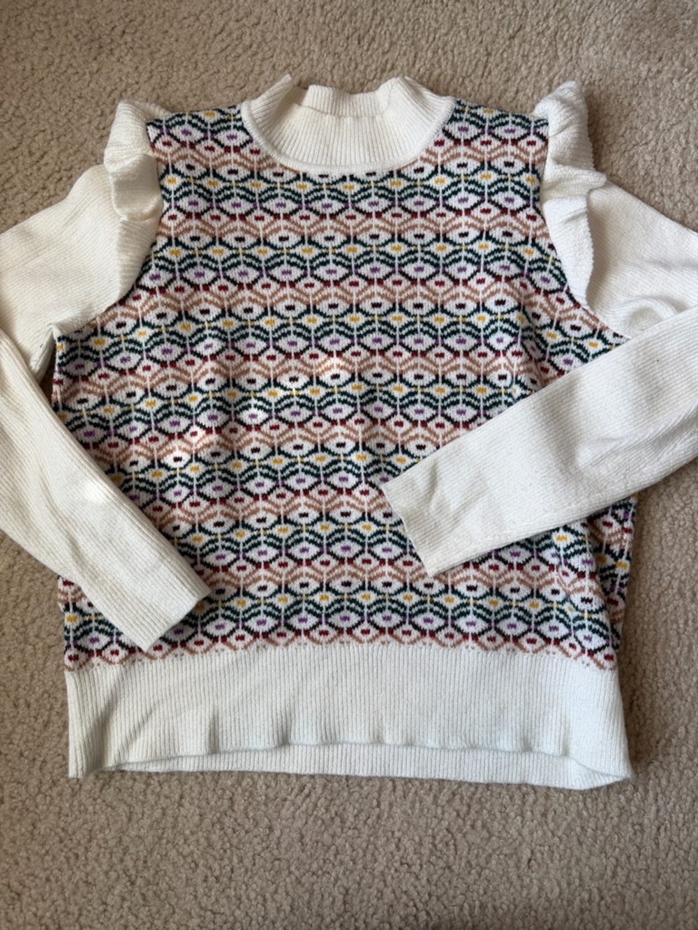 LOFT Cream Fair Isle Turtleneck Sweater with Ruffle Shoulders